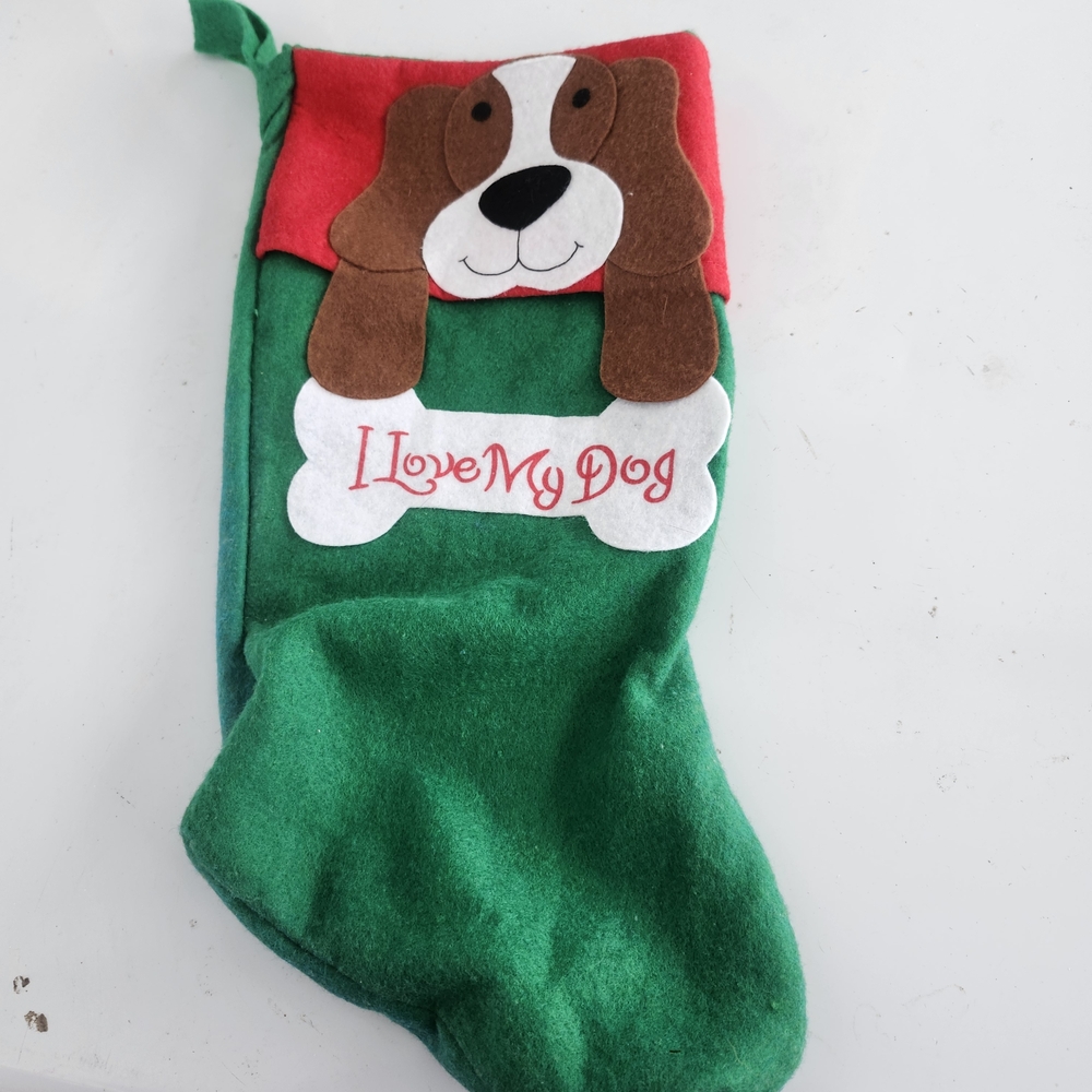 Green & Red Dog Christmas Stocking – “Love My Dog” Embroidered Pet Holiday Stock